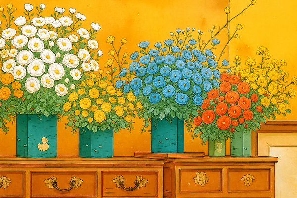 식물 디자인 꽃 컬러 컨셉 내부 감각 생태계 파일형식 꽃병 실내 공간 장식 노란색 파란색 빨간색 편안함 화사함 자연 색감 예술 인테리어 조화 뷰티풀 배열 일러스트 국내일러스트 JPG