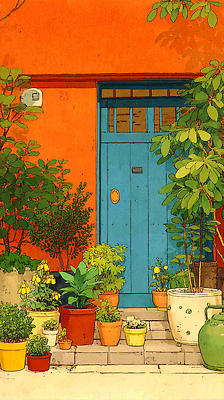 식물 디자인 계절 컬러 취미 건물 감각 생태계 원예 파일형식 주택 문 화분 주황색 파란색 정원 자연 편안함 풍경 도시 여름 정원가꾸기 꽃 공간 인테리어 일러스트 국내일러스트 JPG