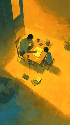 교육 감정 가구 컨셉 의자 가족 관계 문구용품 말하기 목재 파일형식 아빠 아들 학습 책상 오후 조명 대화 사랑 따뜻함 풍경 공책 그래프 휴식 책 나무의자 일러스트 국내일러스트 JPG