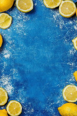 음식 백그라운드 과일 탁자 파란색 제과제빵 가루 CG 준비 파일형식 레몬 밀가루 파란배경 제빵 요리 재료 주방 식탁 요리준비 디저트 편집이미지 편집실사 JPG