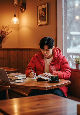계절 교육 음료 컨셉 문구용품 사람 상점 사무용품 감각 CG 파일형식 카페 학습 남자 겨울 공책 책 커피 따뜻함 분위기 메모지 창문 풍경 편안함 집중 편집이미지 편집실사 JPG