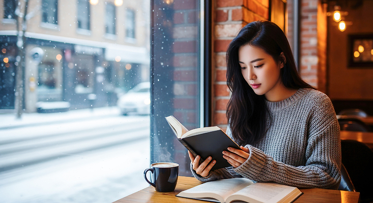 계절 음료 컨셉 사람 상점 감각 CG 파일형식 카페 겨울 독서 여자 커피 편안함 책 창문 풍경 따뜻함 오후 휴식 평화 분위기 편집이미지 편집실사 JPG