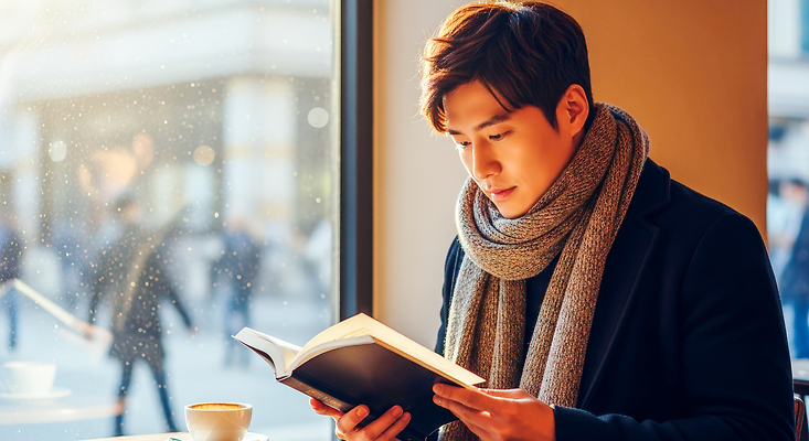 주간 잡화 음료 컨셉 상의 창문 사람 태양 상점 CG 파일형식 카페 남자 책 독서 커피 창가 아침 따뜻함 햇빛 보행자 분위기 스웨터 목도리 조명 일과 편집이미지 편집실사 JPG