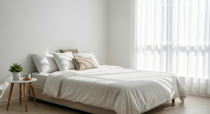 주간 디자인 가구 컨셉 침구 내부 태양 감각 CG 파일형식 침실 아침 햇빛 편안함 베개 담요 창문 깨끗함 모던 실내 인테리어 오브젝트 탁자 편집이미지 편집실사 JPG