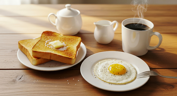 주간 음료 음식 빵 컨셉 탁자 유제품 태양 알 계란요리 CG 파일형식 아침 식사 토스트 계란 계란프라이 커피 나무탁자 햇빛 바삭바삭 버터 우유 뜨거움 간편조리식품 요리 편집이미지 편집실사 JPG