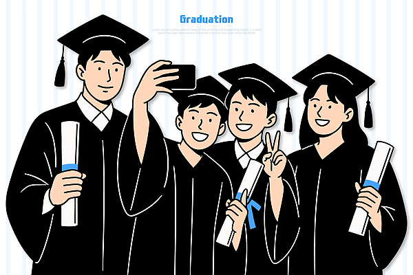 교육 컨셉 졸업 관계 표정 이벤트 전자제품 파일형식 벡터 친구 기념사진 학위 졸업식 함께함 웃음 카메라 막대기 기념일 축하 학교 화기애애 졸업생 그룹 기념 일러스트 국내일러스트 AI파일