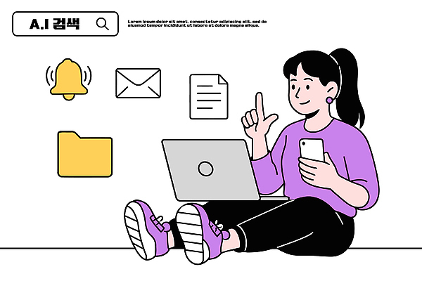 여자 인터넷 일러스트 가정 기술 노트북 스마트폰 컴퓨터 환경 디지털 메모지 작업 편안함 알림 집중 모던 검색 문서 소통 창의성 국내일러스트 AI파일 컨셉 사람 전자제품 핸드폰 스마트기기 사무용품 감각 파일형식 벡터