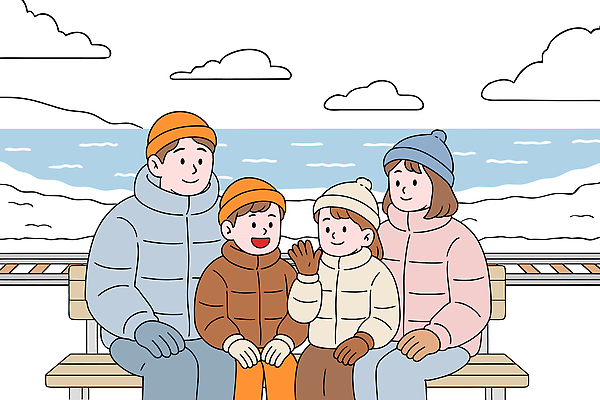 자연요소 계절 감정 바다 컨셉 상의 의자 관계 날씨 표정 파일형식 벡터 가족 겨울 벤치 외투 웃음 이야기 풍경 바람 따뜻함 여유 즐거움 휴식 사계절 해변 놀이 친구 사랑 행복 일러스트 국내일러스트 AI파일