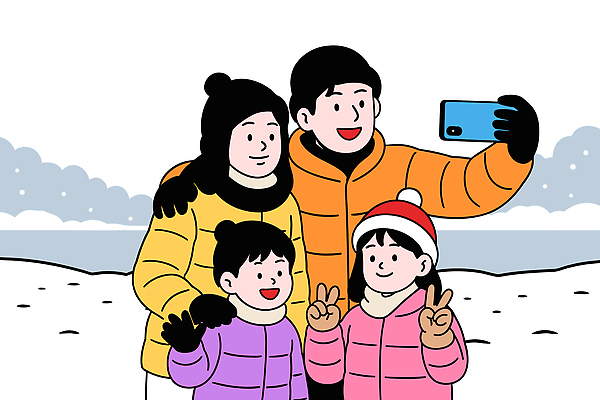 계절 감정 컨셉 관계 표정 사진촬영 점퍼 생태계 파일형식 벡터 가족 겨울 셀프카메라 행복 함께함 풍경 따뜻함 패딩 웃음 즐거움 모션 눈덮임 소통 자연 외출 놀이 일러스트 국내일러스트 AI파일