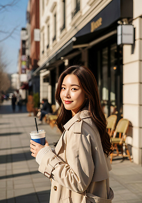 음료 컨셉 휴식 표정 사람 라이프 태양 상점 감각 CG 파일형식 여자 커피 카페 거리 오후 햇빛 편안함 도시 일상 산책 차분 뷰티풀 미소 편집이미지 편집실사 JPG