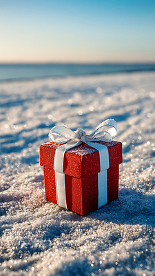 계절 기념일 바다 컬러 이벤트 CG 파일형식 선물 크리스마스 해변 겨울 빨간색 리본 장식 흰색 모래 풍경 편집이미지 편집실사 JPG