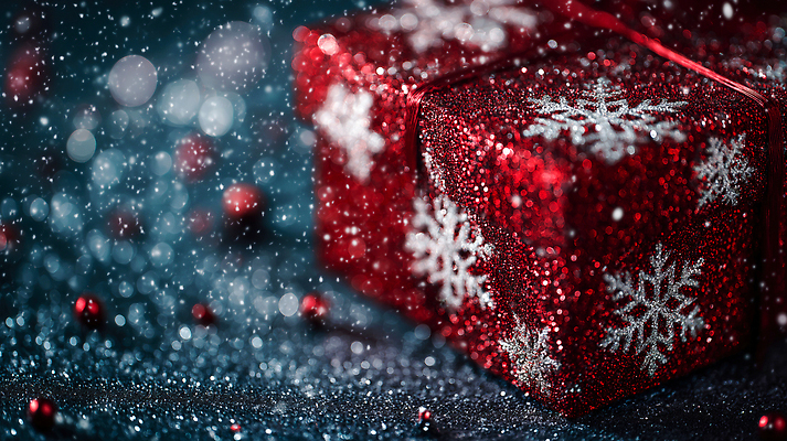계절 기념일 감정 컬러 컨셉 모션 눈_날씨 CG 파일형식 크리스마스 선물 상자 빨간색 눈송이 반짝임 장식 겨울 축제 기쁨 장난감 포장 분위기 반사 편집이미지 편집실사 JPG