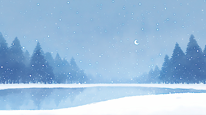 식물 계절 컨셉 눈_날씨 물 그림 생태계 파일형식 겨울 숲 호수 풍경 자연 평화 고요 나무 수면 반사 눈송이 산 시원함 사계절 풍경화 일러스트 국내일러스트 JPG