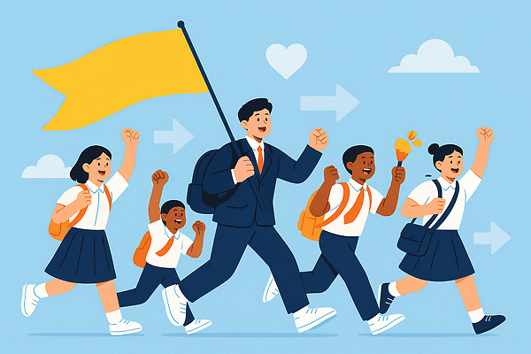 직업 옷 교육 감정 컨셉 관계 모션 사람 파일형식 교사 학생 깃발 행진 즐거움 교복 학교 참여 소통 어린이 응원 친구 그룹 평화 지도 행복 JPG 일러스트 국내일러스트