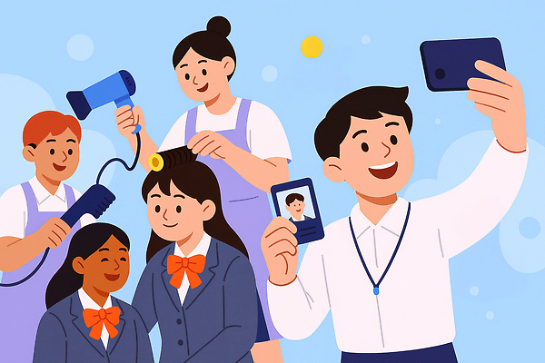 교육 감정 컨셉 장신구 관계 표정 라이프 미용용품 파일형식 뷰티 학생 체험 모션 헤어스타일 손질 즐거움 친구 학교 머리띠 드라이어 협력 동아리 발표 미소 일상 JPG 일러스트 국내일러스트