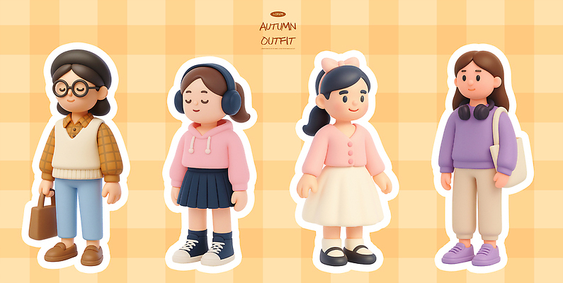 PSD 편집이미지 캐릭터 옷 패션 컬러 티셔츠 장신구 바지 치마 귀여움 니트 조화 후드티셔츠 스타일 편집3D 컨셉 셔츠 상의 하의 3D 파일형식