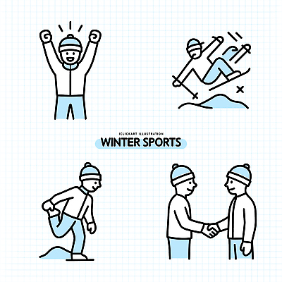 아이콘 계절 감정 관계 겨울스포츠 건강 신체부위 예절 보드_스포츠 파일형식 벡터 겨울 스포츠 스키 스노우보드 기쁨 손 인사 친구 모션 장면 레저 운동 2D아이콘 AI파일
