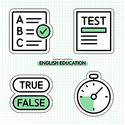 아이콘 영어 교육 자료 확인 교육용품 파일형식 벡터 영어교육 시험 체크표시 타이머 학습 시험지 교육자료 과제 학습도구 퀴즈 2D아이콘 AI파일