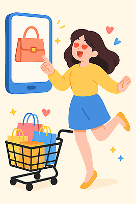 잡화 감정 사람 쇼핑 바구니 온라인쇼핑 온라인 파일형식 벡터 여자 어플리케이션 가방 장바구니 기쁨 오후 즐거움 소비 유행 패션 기술 스타일 디자인 디지털 온라인몰 일러스트 국내일러스트 AI파일