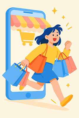 여자 감정 어린이 가방 쇼핑 파일형식 벡터 온라인 어플리케이션 소녀 상점 쇼핑백 즐거움 모션 디지털 아이템 소비 거래 기쁨 상품 구매 거리 패션 일러스트 국내일러스트 AI파일