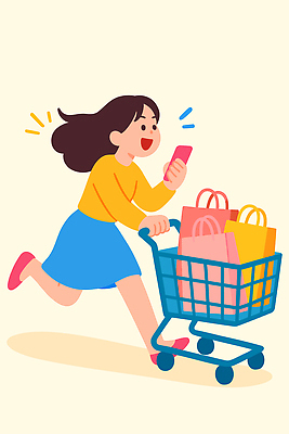 감정 컨셉 관계 사람 핸드폰 스마트기기 파일형식 벡터 쇼핑 여자 카트 기쁨 스마트폰 이동 밝은색 즐거움 소비 주말 친구 쇼핑몰 시장 패션 스타일 오브젝트 일러스트 국내일러스트 AI파일