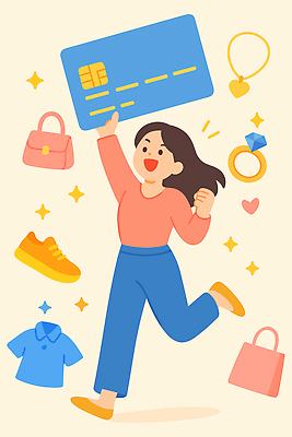 잡화 감정 장신구 사람 내부 금융 파일형식 벡터 쇼핑 여자 신용카드 기쁨 아이템 가방 신발 옷 반지 시계 실내 백그라운드 컬러 디자인 행복 소비 패션 스타일 일러스트 국내일러스트 AI파일