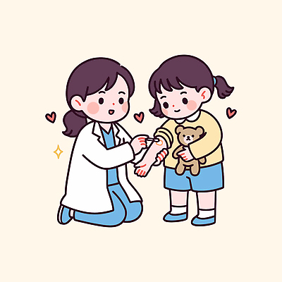 어린이 일러스트 의학 친절 건강 병원 대화 미소 안전 치료 학습 곰인형 의사 상처 상담 소아과 보살핌 응급치료 국내일러스트 AI파일 교육 인형 표정 말하기 사람 의료진 파일형식 벡터