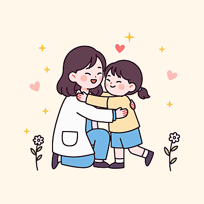 행복 어린이 일러스트 의학 가족 관계 포옹 따뜻함 건강 사랑 미소 치료 친구 믿음 의사 즐거움 소통 보살핌 순간 국내일러스트 AI파일 감정 컨셉 안기 표정 사람 의료진 파일형식 벡터
