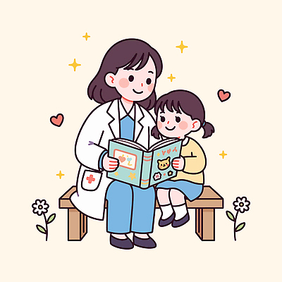 교육 꽃 행복 어린이 벤치 일러스트 가족 건강 이야기 사랑 미소 웃음 치료 책 학습 독서 의사 시간 즐거움 소통 국내일러스트 AI파일 식물 감정 컨셉 의자 의학 관계 표정 사람 의료진 파일형식 벡터