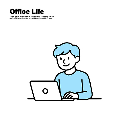 컨셉 회사 비즈니스 표정 사람 라이프 전자제품 작업 파일형식 벡터 사무실 노트북 남자 일상 집중 웃음 컴퓨터 업무 기술 스크린 직장 재택근무 생활 커뮤니케이션 국내일러스트 일러스트 AI파일