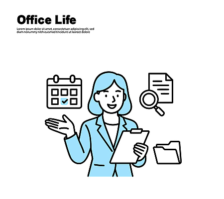 컨셉 비즈니스 사람 사무용품 작업 파일형식 벡터 사무실 여자 업무 문서 파일 계획 관리 분석 회의 정리 아이디어 체크리스트 검사_조사 서류판 그래픽 조언 국내일러스트 일러스트 AI파일