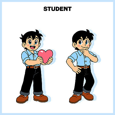 모양 캐릭터 교육 컨셉 사람 파일형식 벡터 학생 하트 포즈 생각 남자 어린이 귀여움 그림 감정 표현 창의력 모션 학습 밝음 컬러 디자인 일러스트 일러캐릭터 AI파일