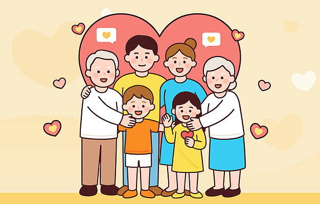 모양 여자 노년 감정 컨셉 가족 관계 표정 사람 파일형식 벡터 사랑 행복 어린이 할머니 부모 웃음 하트 따뜻함 순간 만남 즐거움 결합 세대 동행 일러스트 국내일러스트 AI파일