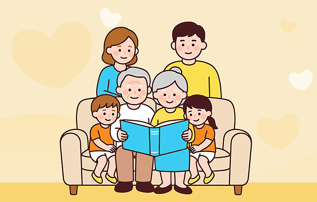 여자 노년 남자 감정 컨셉 의자 가족 관계 표정 사람 손주 파일형식 벡터 책 할아버지 할머니 소파 손자 손녀 독서 따뜻함 함께함 어린이 사랑 이야기 행복 웃음 부모 자녀 시간 일러스트 국내일러스트 AI파일