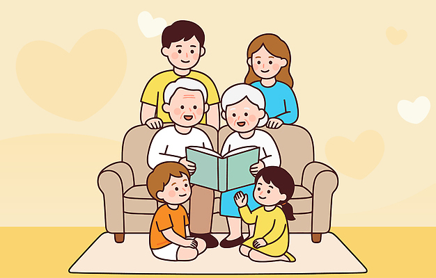 여자 노년 남자 감정 컨셉 가족 관계 모션 건물 라이프 파일형식 벡터 책 읽기 할머니 할아버지 손주 따뜻함 사랑 행복 시간 주택 함께함 이야기 교육 추억 전통 놀기 즐거움 일상 일러스트 국내일러스트 AI파일