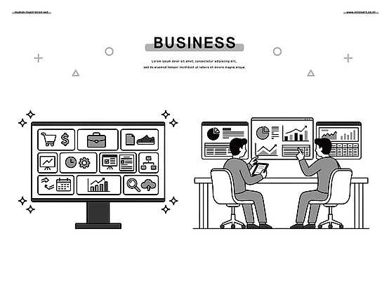 컨셉 회사 비즈니스 전자제품 파일형식 벡터 자료 분석 프레젠테이션 그래프 컴퓨터 스크린 작업 협력 회의 직장 소통 정보 통계 전략 기술 디지털 결과 AI파일 일러스트 국내일러스트