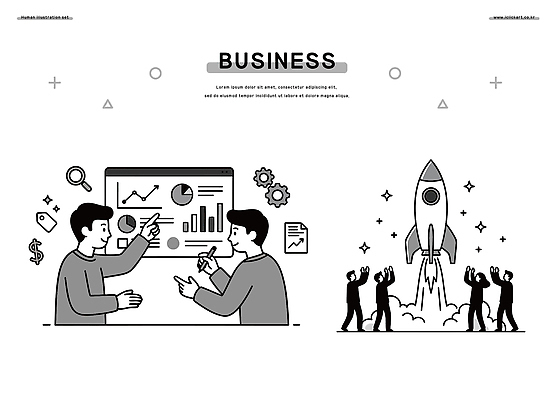 컨셉 비즈니스 사무용품 파일형식 벡터 회의 자료 분석 발표 서류판 의견 협력 로켓 발사 그래프 투자 목표 성장 전략 아이디어 기술 성공 시장 AI파일 일러스트 국내일러스트