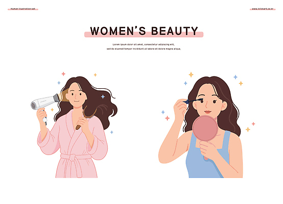 라이프스타일 드레스 여자 패션 일러스트 아침 일상 화장 뷰티 머리카락 머리 화장품 거울 드라이어 피부 일과 뷰티풀 스타일링 국내일러스트 AI파일 주간 옷 사람 라이프 생활 신체부위 미용용품 파일형식 벡터