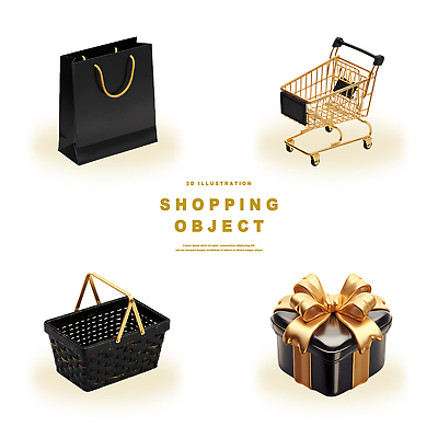 PSD 편집이미지 디자인 선물상자 쇼핑 장보기 쇼핑백 3D 바구니 검은색 쇼핑카 금색 시장 소비 오브젝트 아이템 편집3D 컬러 가방 선물 상자 카트 디지털합성 파일형식