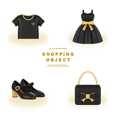 PSD 편집이미지 디자인 드레스 옷 패션 신발 가방 장신구 쇼핑 검은색 고급 여성복 오브젝트 스타일 편집3D 잡화 컬러 컨셉 3D 파일형식