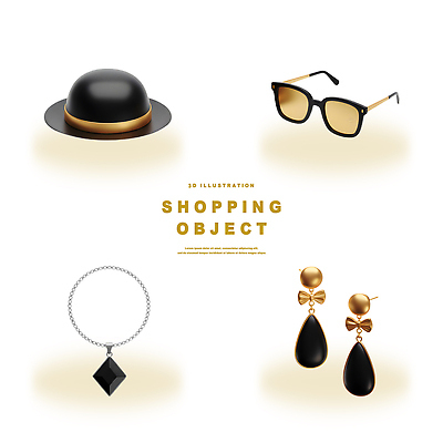 PSD 편집이미지 디자인 패션 목걸이 장신구 쇼핑 선글라스 유행 귀걸이 검은색 금색 고급 소비 스타일 편집3D 안경 컬러 컨셉 3D 파일형식