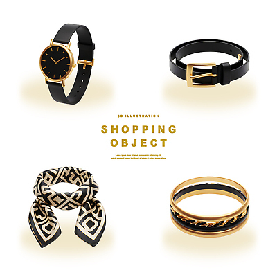 PSD 편집이미지 디자인 옷 패션 시계 장신구 쇼핑 3D 검은색 스카프 벨트 반지 황금 오브젝트 스타일 편집3D 잡화 컬러 목도리 디지털합성 파일형식