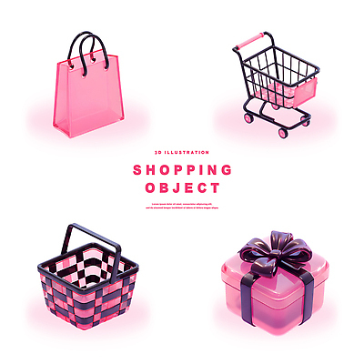 PSD 편집이미지 디자인 분홍색 선물 장식 쇼핑 세트 3D 소비 장바구니 오브젝트 기념품 마트 편집3D 컬러 바구니 상점 디지털합성 파일형식