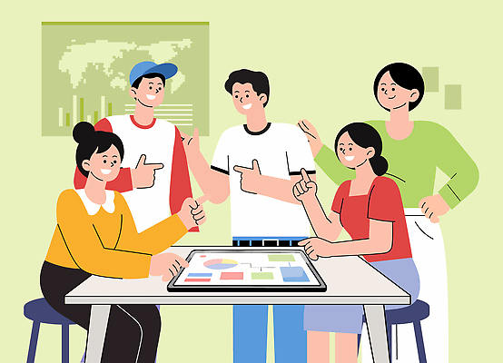 계절 가구 컨셉 비즈니스 관계 표정 전자제품 스마트기기 감각 파일형식 벡터 협력 아이디어 친구 탁자 태블릿 이야기 웃음 참여 여름 모션 창의력 소통 편안함 회의 디자인 그래프 문제해결 일러스트 국내일러스트 AI파일