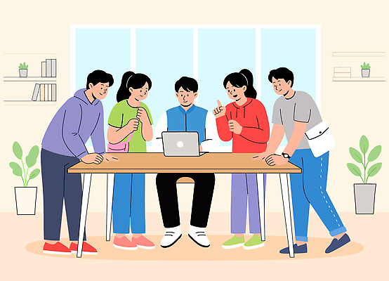 가구 컨셉 비즈니스 관계 표정 내부 전자제품 파일형식 벡터 친구 컴퓨터 협력 소통 작업 의견 아이디어 토론 탁자 실내 사무실 모션 집중 미소 그룹 기술 창의성 실험 일러스트 국내일러스트 AI파일