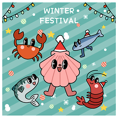 동물 계절 기념일 감정 컨셉 어패류 표정 갑각류 수중동물 파일형식 벡터 겨울 축제 게 어류 조개 새우 크리스마스 귀여움 즐거움 캐릭터 바다 공동체 컬러 장식 상징 웃음 AI파일 국내일러스트 일러스트