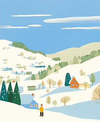 JPG 나무 겨울 일러스트 모션 자연 주택 사람 풍경 평화 마을 고요 흰색 언덕 산들바람 Snow 국내일러스트 AI일러스트 AI콘텐츠 식물 계절 컬러 컨셉 바람 건물 생태계 파일형식