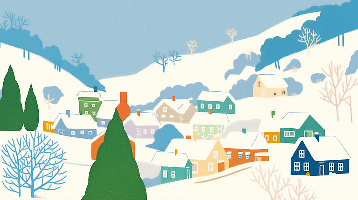 JPG 나무 건축 컬러 겨울 일러스트 자연 하늘 산 주택 풍경 평화 마을 고요 조용 보금자리 뷰티풀 풍경화 눈덮임 국내일러스트 AI일러스트 AI콘텐츠 식물 계절 컨셉 건물 그림 생태계 파일형식