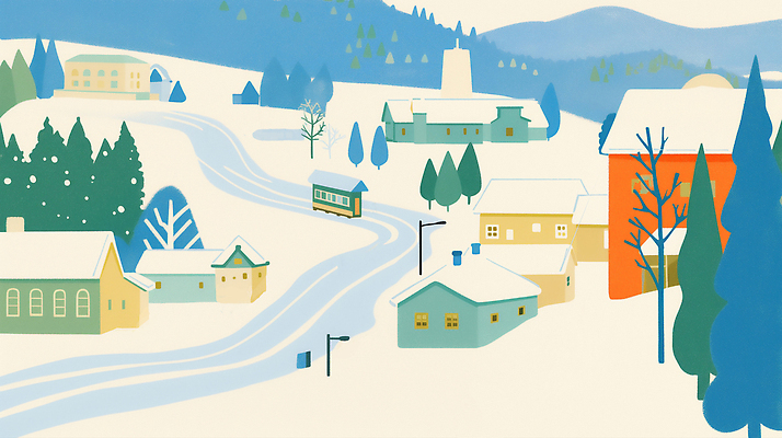JPG 나무 도로 여행 겨울 일러스트 자연 날씨 산 거리 주택 따뜻함 풍경 건물 파란색 마을 기차 차선 국내일러스트 AI일러스트 AI콘텐츠 식물 건축물 계절 길 육상교통 컬러 교통시설 대중교통 생태계 파일형식