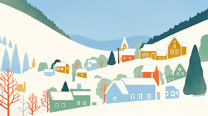 JPG 나무 도로 컬러 백그라운드 겨울 일러스트 자연 하늘 산 주택 풍경 평화 마을 고요 나뭇가지 언덕 조화 국내일러스트 AI일러스트 AI콘텐츠 식물 계절 길 컨셉 교통시설 건물 생태계 파일형식